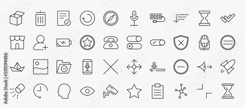 set of 40 user interface icons in outline style. thin line icons such as open box, checked, sort down, double checking, charging status, desativated, desactivate, remove, minus, head, connectivity,