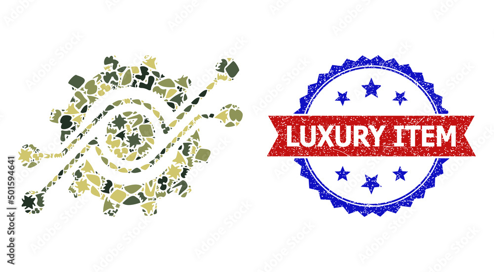 Military camouflage collage of gear electronic component icon, and bicolor  unclean Luxury Item seal. Vector seal with Luxury Item caption inside red  ribbon and blue rosette, retro bicolored style. Stock Vector