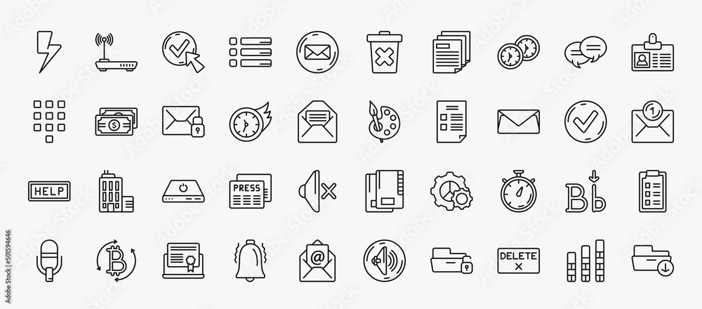 set of 40 user interface icons in outline style. thin line icons such ...