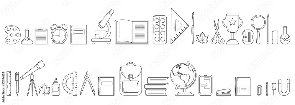 School supplies. Stationery pictograms. Backpack, ruler, book, brush, pen, globe, pencil and other simple items. Isolated on white background vector line illustration.
