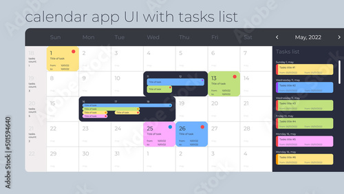 Horizontal calendar User Interface with monthly display, with colorful elements for planning. Big cells of date.