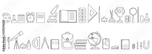 School supplies. Stationery pictograms. Backpack, ruler, book, brush, pen, globe, pencil and other simple items. Isolated on white background vector line illustration.
