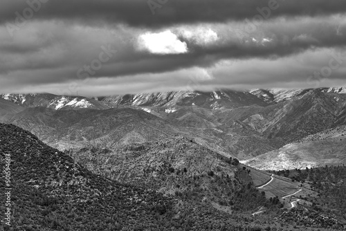 Aerial view of the High Atlas Mountains. Black and white landscape. Morocco, Northern Africa.
