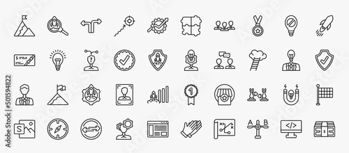 set of 40 startup stategy and icons in outline style. thin line icons such as success flag, decision, gold medal, quick, strategy choice, user experience, career ladder, management, fight,