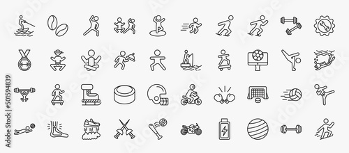 set of 40 sports icons in outline style. thin line icons such as jet surfing, stretching, ice skating man, equipment, yoga posture, fisher fishing, football channel, ski boots, hockey goal, flying