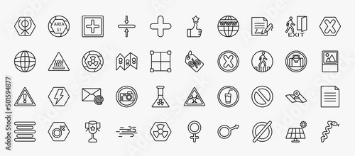set of 40 signs icons in outline style. thin line icons such as khanda, add, , gross dark cross, radioactive, percentage discount, crossing, mail, prohibition circle, classroom cup, empty, panels