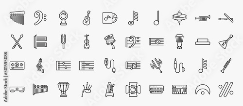 set of 40 music and media icons in outline style. thin line icons such as chimes, webcam video call, cymbal, clave, tuning fork, bass clef, djembe, stave, jack connector, timpani, music keyboard,