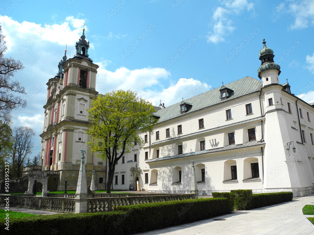 Saint Michael and Stanislaus Church on Rock with Pauline monastery, or Skalka, in Krakow, Poland, on spring morning