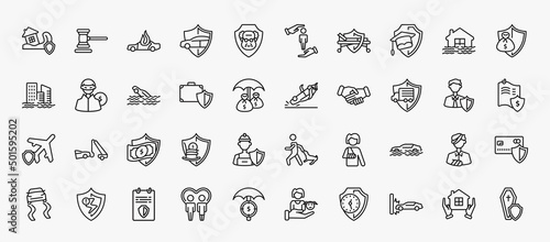 set of 40 insurance icons in outline style. thin line icons such as disaster, burning car, education insurance, savings, drown, overturned car, transport insurance, money flood risk, license, crash,