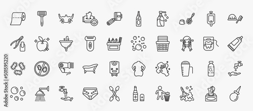 set of 40 hygiene icons in outline style. thin line icons such as paper towel, body odour, toilet brush, shower cap, washbasin, bubbles, face washer, dryer, detergent dose, ablution, wet cleaning,