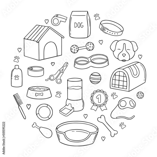 Hand drawn set of dog and pet accessories doodle. Supplies and equipment dogs in sketch style: bowl, toys, collar, food. Vector illustration isolated on white background.