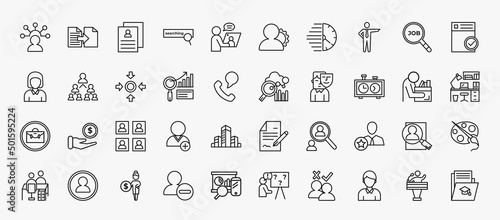 set of 40 human resources icons in outline style. thin line icons such as skills, cv, boss, approved, meeting point, benchmarking, chess clock, candidates, behavioral competency, pension, man,
