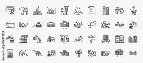 set of 40 real estate icons in outline style. thin line icons such as certification, industrial park, skyscraper, buy, real estate, houses, house decoration, sold, office building, shopping, plans,