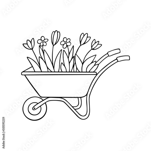 Hand drawn garden wheelbarrow with flowers doodle. Garden equipment in sketch style.  Vector illustration isolated on white background.
