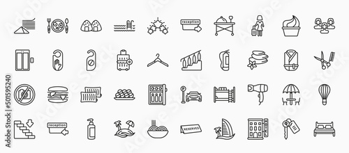 set of 40 hotel and restaurant icons in outline style. thin line icons such as napkins, onigiri, guest, people, doorknob, stairway, hot stones, pillow, hairdryer, lotion, hotel, room key editable
