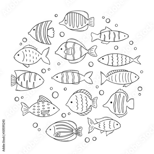Set of cute sea fish doodle. Underwater world in sketch style. Hand drawn vector illustration isolated on white background.