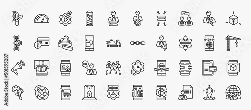 set of 40 general icons in outline style. thin line icons such as biotechnology, implementation, brand engagement, 3d modeling, beauty care, chain, data science, hr software, digital economy,