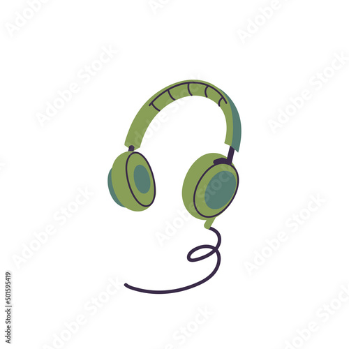 Vector illustration green headphones isolated on white background. Modern on-ear headphones.