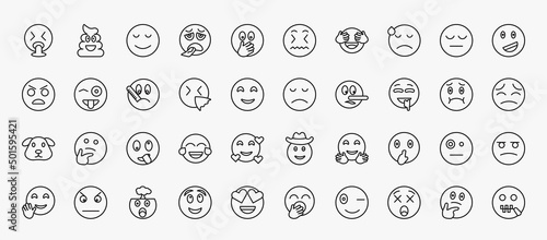 set of 40 emoji icons in outline style. thin line icons such as puking emoji, calm emoji, dissapointment proud ill disappointed drool stupid shushing exploding head dizzy wondering editable vector.