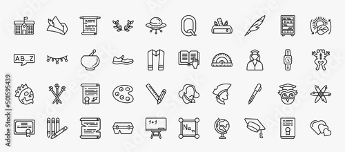 set of 40 education icons in outline style. thin line icons such as school, manuscript, quill, photosynthesis, punch bowl, reading, student, diploma, pen, papyrus, graduation hat, thesis editable photo