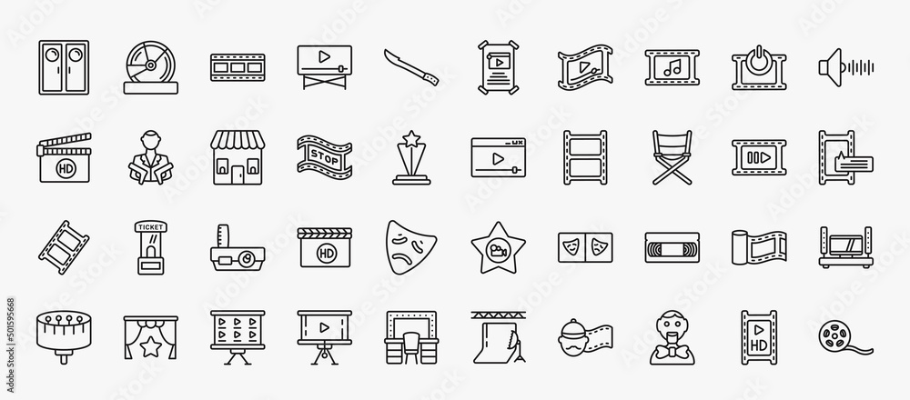 set of 40 cinema icons in outline style. thin line icons such as ...
