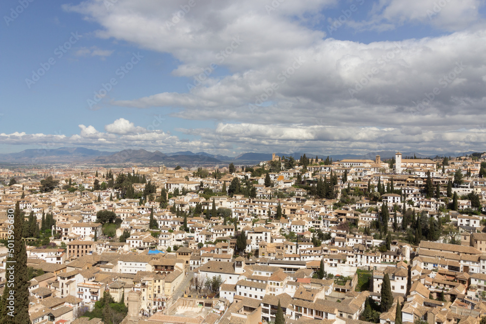 Granada city, in Andalusia, Spain. This is the district of Albaycin as seen from the Alhambra Palace. Panoramic view.