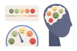 Scale of emotions with emotional faces. Mood scale icon set. Stress level. Mood swing. Emotional intelligence. Mental health concept. Vector flat illustration