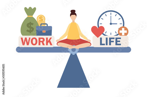 Work and life balance. Woman in lotus position keep harmony choose between career and money versus love and time, leisure or business. Vector flat illustration
