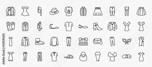 set of 40 clothes icons in outline style. thin line icons such as denim jacket, one shoulder dress, chi pants, tulle skirt, men socks, ballets flats, oxford wave blazer, wool boots, sweatpants,