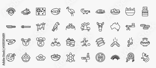set of 40 culture icons in outline style. thin line icons such as native american skull, australian flag, onion patties, turron, capoeira brazil dancers, pico cao, australian continent, chimp face