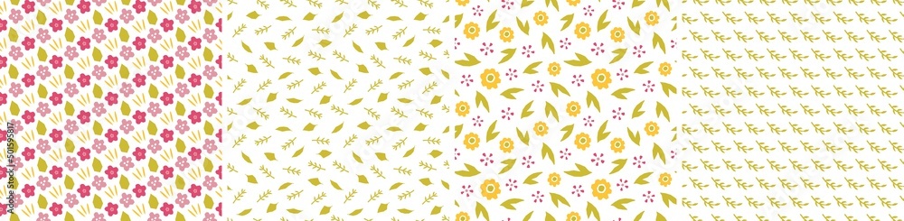 Set of vector seamless patterns. Floral and abstract shapes