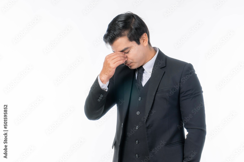 Portrait working Asian business handsome man ware suit is stressed from work on white background with copy space - business concept Portrait working Asian business handsome man ware suit is stressed from work on white background with copy space - business concept