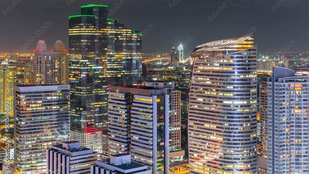 Obraz premium Bangkok City - Aerial view beautiful sunset Bangkok city downtown skyline of Thailand , Cityscape tower at night , landscape Bangkok Thailand
