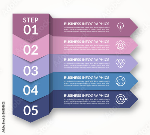 Minimal arrow infographic vector elements. 5 colorful step arrows that can be used for diagram, graph, chart, report.