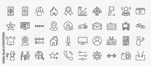 set of 40 blogger and influencer icons in outline style. thin line icons such as browser, community, hipster, video, rating, gameplay, keyboard, counting, visitor, film reel, weights, camera