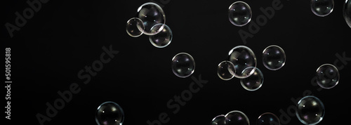 Soap bubble drop or Shampoo bubbles floating like flying in the air black background which represent refreshing moments and gentle soft. Bubbles drops for soap shampoo or detergent product industry.
