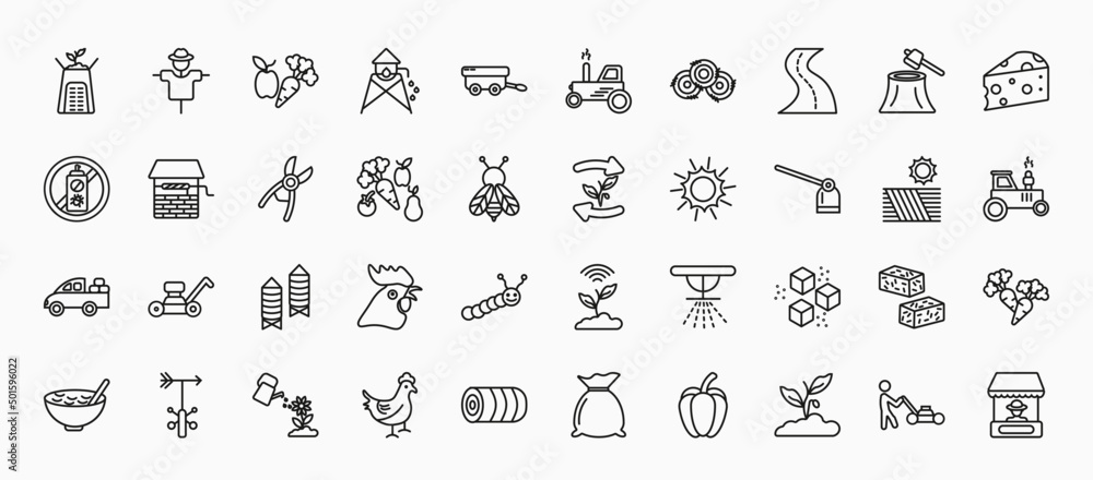 set of 40 agriculture farming icons in outline style. thin line icons ...