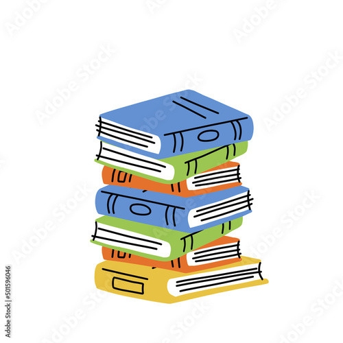 Pile of Book in cartoon style. Education and knowledge. Details of school and library. Stack of Closed cover. Modern trendy design. Many object