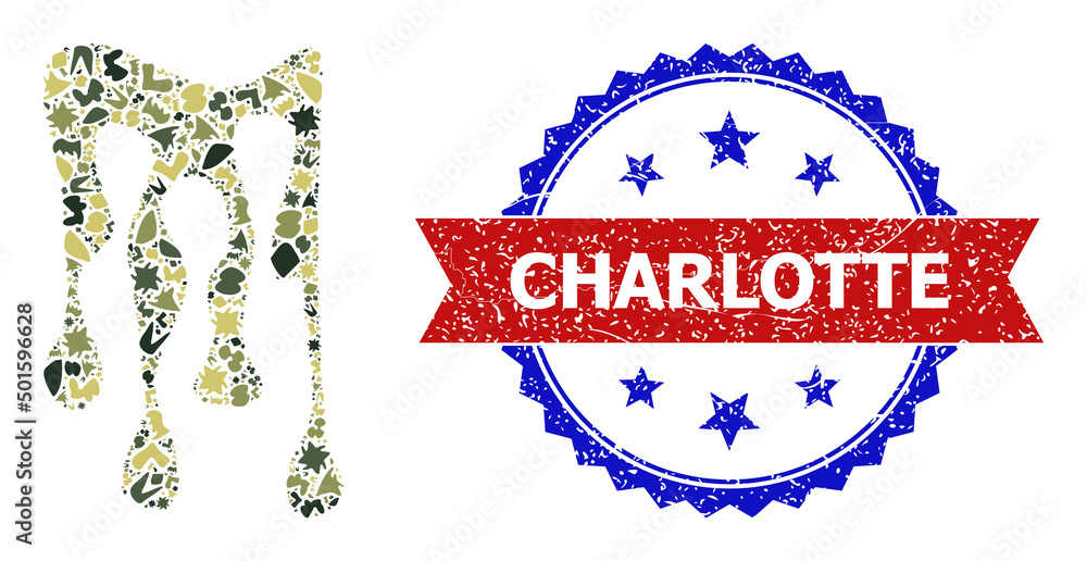 Military camouflage mosaic of sticky honey drops icon, and bicolor dirty Charlotte stamp. Vector seal with Charlotte caption inside red ribbon and blue rosette, scratched bicolored style.