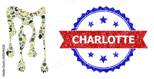 Military camouflage mosaic of sticky honey drops icon, and bicolor dirty Charlotte stamp. Vector seal with Charlotte caption inside red ribbon and blue rosette, scratched bicolored style.