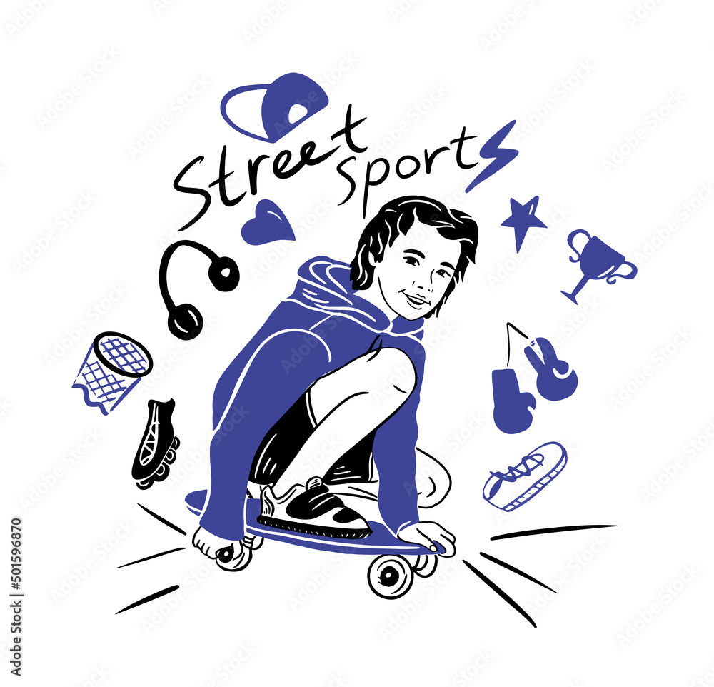 Teenager boy on a skateboard.Street sports.Skateboarding.Sport items set.Vector illustration.