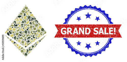 Military camouflage mosaic of ethereum crystal icon, and bicolor dirty Grand Sale! seal stamp. Vector watermark with Grand Sale! text inside red ribbon and blue rosette, corroded bicolored style.