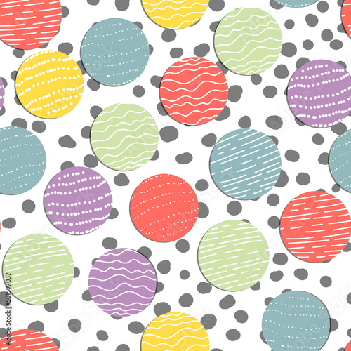 Abstract hand drown polka dots background. White dotted seamless pattern with color circles. Template design for invitation, poster, card, flyer, textile, fabric