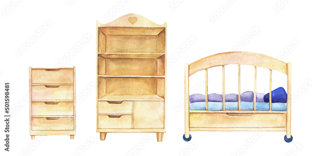 Naklejka premium Baby's room old fashioned furniture. Set decorative elements. Cabinet, chest, bed. Hand painted watercolor illustration. Colorful sketchy drawing on white background