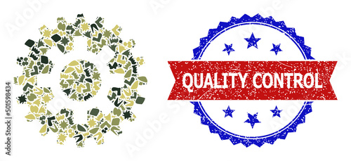 Military camouflage mosaic of cogwheel icon, and bicolor scratched Quality Control seal. Vector seal with Quality Control title inside red ribbon and blue rosette, unclean bicolored style.