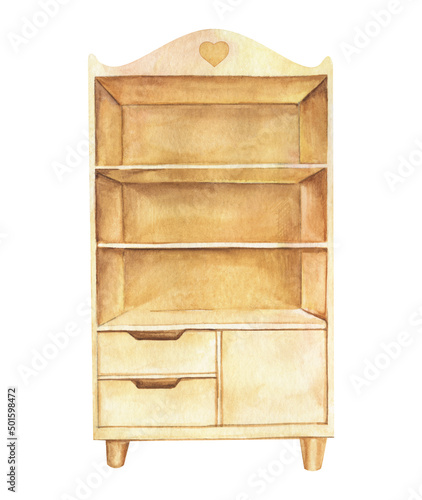 Stamp Retro Server. Empty cabinet with shelves and boxes. Light wooden color. Hand painted watercolor illustration. Colorful light sketchy drawing on white paper background