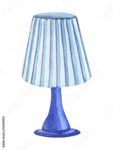 Blue table lamp in the old style.  Light lampshade, rich stand.  Minimalistic design. Hand painted watercolor illustration. Colorful light sketchy drawing on white paper background photo