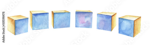 set row of six wooden cubes.  One side is blue.Vignette title frame. Header decorative element. Hand painted watercolor illustration. Colorful light sketchy drawing on white paper background.
