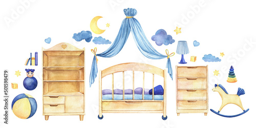 Baby's room furniture and toys. Set decorative elements. Cabinet, chest, bed, canopy. Cloud moon and star. Hand painted watercolor illustration. Colorful sketchy drawing on white background