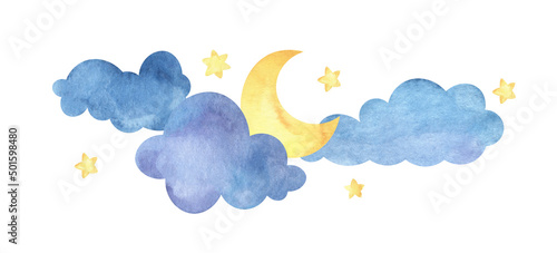 Golden crescent surrounded by blue clouds of clouds and stars. Vignette decorative element. Hand painted watercolor illustration. Colorful light sketchy drawing on white paper background.